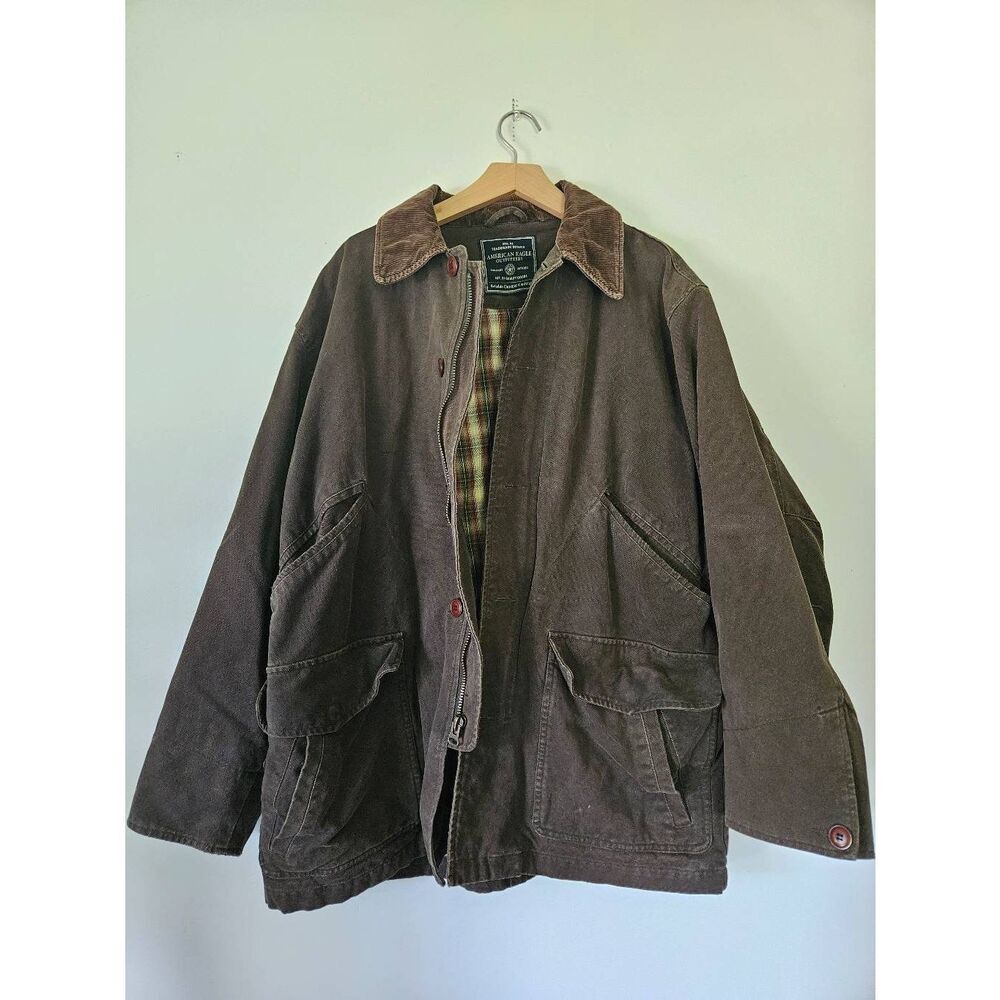 American Eagle Outfitters Canvas Barn Coat Jacket Green Brown Corduroy Collar Pl